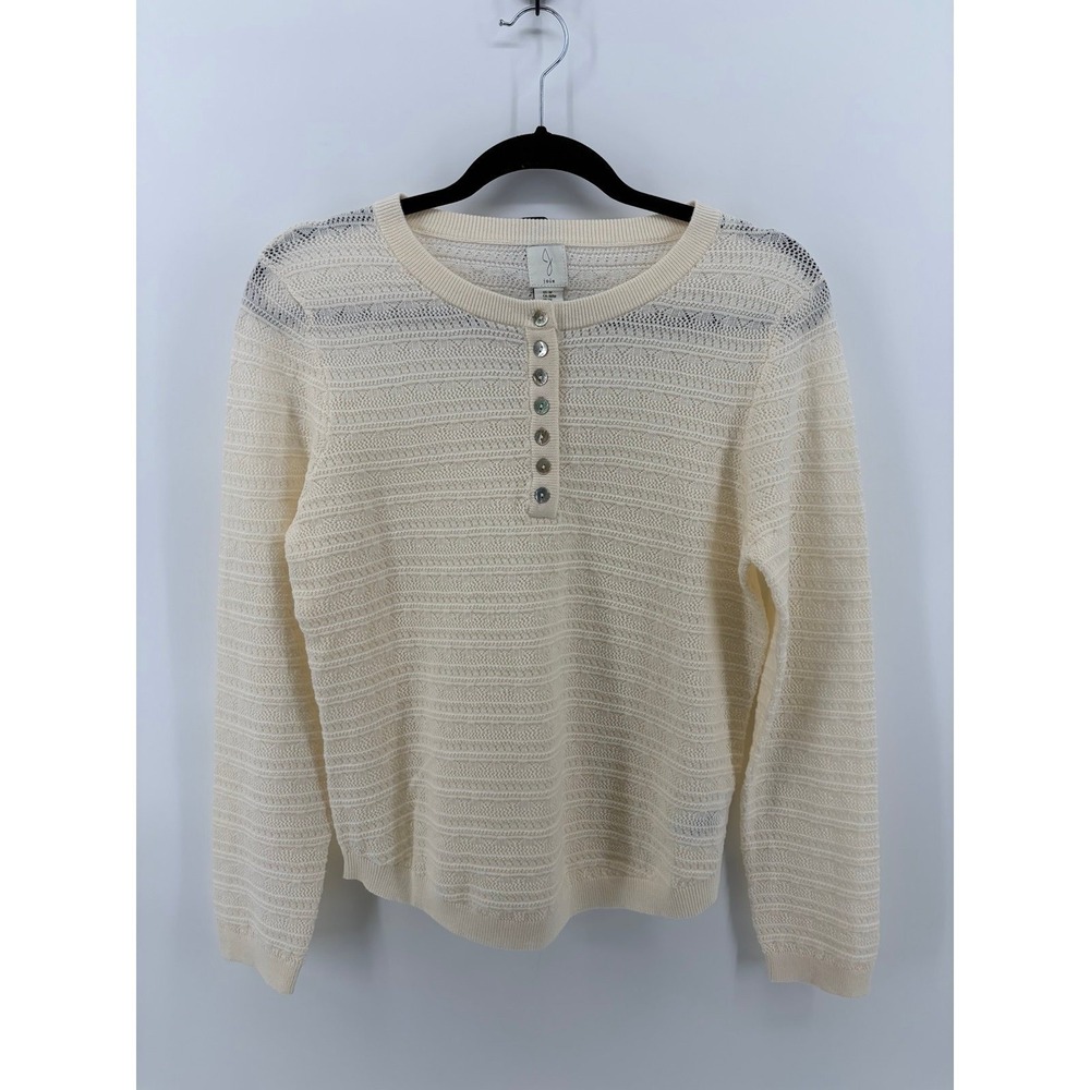 Joie Henley Soft Sweater Ivory Pointelle Knit Long Sleeve Button, Women's Medium